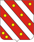A red shield bearing 3 white diagonal stripes between which are arranged 9 yellow, 6-pointed stars
