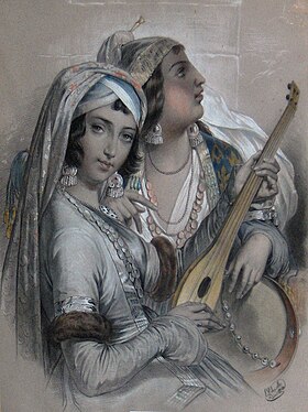 "Musical Romani girls", oriental drawing by Edouard Debruxelles, (1835-1871)
