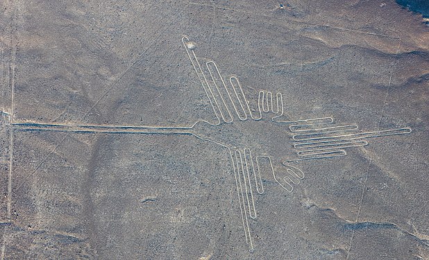 Aerial view of "The Hummingbird", geoglyph of the Nazca Lines, Peru.
