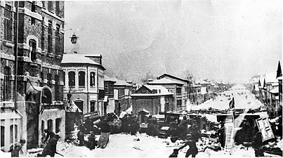 Barricade dans le quartier ouvrier de Sormovo (gouvernement de Nijni Novgorod), 12 décembre 1905.