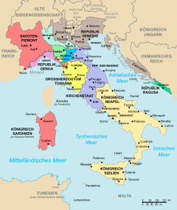 Die italienischen Staaten im Jahr 1796. Das Königreich Sardinien ist in Personalunion mit Savoyen-Piemont verbunden