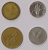 Four coins with the official name of East Timor surrounding various motifs