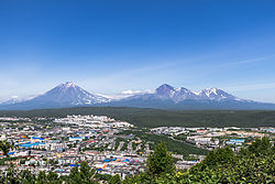 Aerial view of Petropavlovsk-Kamchatsky with the Koryaksky volcano at left
