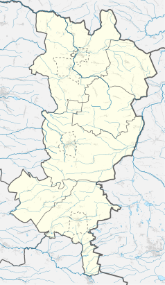 Mapa konturowa powiatu oleskiego, w centrum znajduje się punkt z opisem „Sowczyce”
