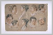 앙투안 바토, 《여성들의 두상과 남성의 두상에 관한 연구》, 18세기 초반, 회색 종이에 상긴, 흑연, 백연. 28 × 38.1 cm