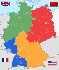       Zona pendudukan Prancis       Zona pendudukan Britania[a]       Zona pendudukan Amerika       Zona pendudukan Soviet[b]       Protektorat Saar di bawah kendali Prancis
