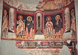 A frieze of figures occupies the zone below the semi-dome in the apse. Abbey of St Pere of Burgal, Catalonia, Spain