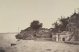 1858 picture of Sati Chaura Ghat on the banks of the Ganges River, where on 27 June 1857 many British men lost their lives and the surviving women and children were taken prisoner by the rebels.
