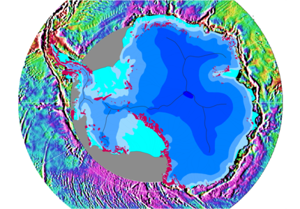 Η Ανταρκτική από ψηλά όπως αποτυπώνεται από τον δορυφόρο US Navy GEOSAT. Η ήπειρος της Ανταρκτικής είναι σκιασμένη με μπλε χρώμα ανάλογα με το πάχος του πάγου. Το γαλάζιο είναι πάγος ραφιού, οι γκρίζες γραμμές είναι οι μεγαλύτερες διαχωριστικές γραμμές του πάγου, τα ροζ σημεία είναι μέρη της ηπείρου που δεν καλύπτονται από πάγο, ενώ οι γκρι περιοχές δεν έχουν δεδομένα.
