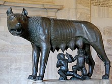 Capitoline Wolf , skulpturë e mitike e ujkonjës duke ushqyer binjakët Romulus dhe Remus , nga legjendën e themelimit të Romës , Itali, të shekullit të 13 pas Krishtit (binjakët janë një shtesë e shekullit të 15-)