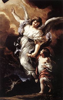 Tableau montrant un ange s'élevant dans le ciel et tenant par la main un jeune enfant