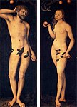 Landsmannen Lucas Cranach den äldre har tydligt tagit intryck av Dürer när han målade samma motiv 1528.
