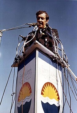 US Senator Edmund Muskie addressing an estimated 40,000-60,000 people as keynote speaker for Earth Day in Philadelphia on April 22, 1970.