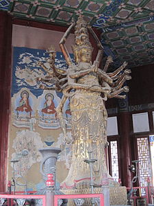 A statue of Guanyin inside the Tower of Buddhist Incense (cast in 1574, five metres tall)