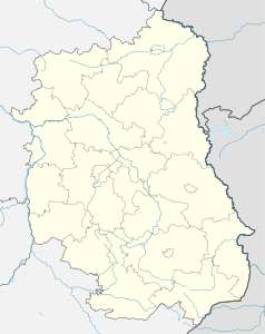 Mapa konturowa województwa lubelskiego, blisko centrum na lewo znajduje się punkt z opisem „Lublin Główny”