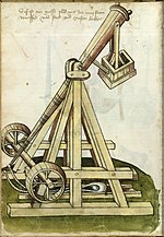 A pen and ink sketch of a counterweight trebuchet