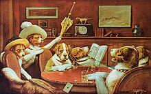 A painting of dogs sitting around a table.