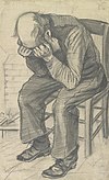 Utsliten eller En teckning av en gammal man som sitter på en stol med sitt huvud i sina händer, penna på vattenfärgat papper, 1882. van Gogh-museet, Amsterdam.