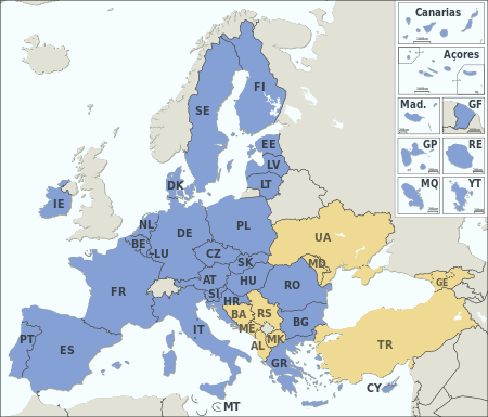 Mitgliedstaaten (blau) und Beitrittskandidaten (gelb) der EU (anklickbare Karte)