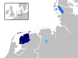 Friisin kielten jakautuminen nykyajan Euroopassa:   Länsifriisi   Pohjoisfriisi   Itäfriisi