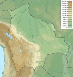 Mapa konturowa Boliwii, blisko centrum na dole znajduje się punkt z opisem „Sucre”