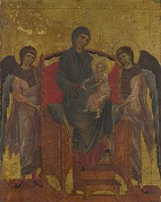In the early Renaissance, the infant Jesus was sometimes shown dressed in pink, the color associated with the body of Christ. This is The Virgin and Child Enthroned with Two Angels, by Cimabue. (1265–1280)