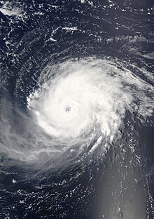 A view of Hurricane Fabian from Space on September 1, 2003. The intense Category 4 storm is located about 190 miles north-northeast of Barbuda. The storm's eye, visible near the center of the image, is over the open waters of the Atlantic Ocean.