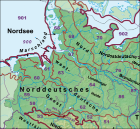 Der Westteil des Norddeutschen Tieflandes mit der Lüneburger Heide (64), deren Südwesten die Südheide einnimmt