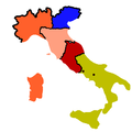 Italy in 1860: orange مملکت ساردینیا, blue Kingdom of Lombardy–Venetia (Austrian Empire), pink United Provinces of Central Italy, red پاپائی ریاستیں, yellow مملکت صقلیتین.