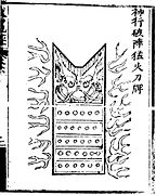 Un "Divino escudo contra espadas destructor de falanges con furia ígnea" (shen xing po zhen meng huo dao pai). Un escudo móvil equipado con lanzas de fuego utilizadas para romper formaciones enemigas.