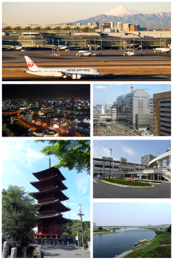 Top: Haneda Airport, Middle left: Night view of Kamata, Middle right: Ōta City Office, Bottom left: Pagoda of Ikegami Honmon-ji Temple, Bottom right: Keikyū Kamata Station and the Tama River