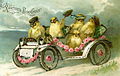 Russisk postkort frå tidleg på 1900-talet viser kyllingar som køyrer bil.