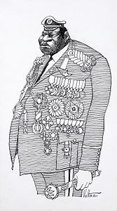 İdi Amin'in bir karikatürü. 1971 yılında Milton Obote'yi askeri bir darbe ile devirerek Uganda devlet başkanı olan Amin, yönetimi boyunca 300.000'den fazla sivilin ölümüne neden olmuştur. (Üreten:Durova (orjinal:Edmund S. Valtman, LoC))