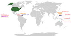 Peta dunia dengan negara bagian dan teritori Amerika Serikat disorot dalam berbagai warna.