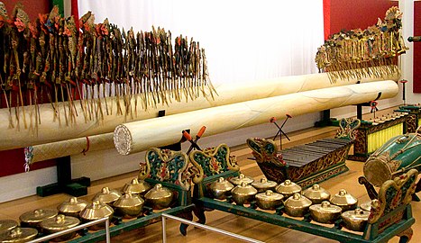 A wayang kulit set and a gamelan ensemble collection, Indonesia section at the Musical Instrument Museum, Phoenix, Arizona, United States.