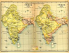 1765 மற்றும் 1805இல் இந்தியா, பிரித்தானியக் கிழக்கிந்திய கம்பேனி ஆட்சிப் பகுதிகள், இளஞ்சிவப்பு நிறத்தில்.