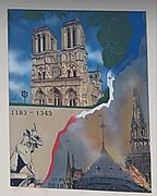 Peinture murale située à Aulnay-Sous-Bois et qui représente la Cathédrale Notre-Dame de Paris avant et durant son incendie