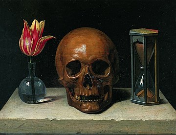 Peinture représentant la vanité : à gauche une fleur, au milieu un crâne et à droite un sablier