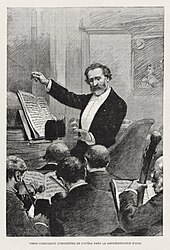 Drawing of Verdi conducting an orchestra