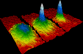 Image 8The first Bose–Einstein condensate observed in a gas of ultracold rubidium atoms. The blue and white areas represent higher density. (from Condensed matter physics)