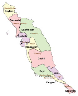 Location of Dashti County in Bushehr province (center, pink)