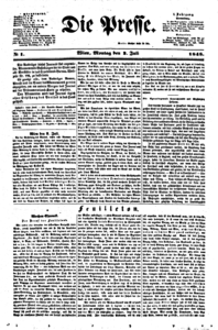 Frontpaĝo de la 3a de julio, 1848, de la unua numero de la origina Die Presse.