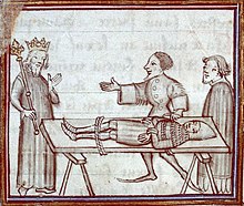 A pen and ink image of a medieval knight tied to a board being presented to a king