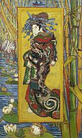 En japansk kvinna tittar till vänster i en målning i Ukiyo-e-stil eller Courtesan (efter Keisai Eisen), 1887. van Gogh-museet, Amsterdam.