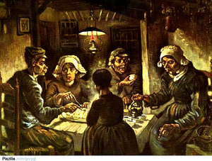 Two men and three women eating potatoes.