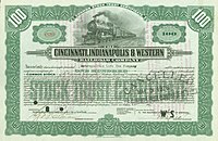Stock certificate of the Cincinnati, Indianapolis & Western Railroad issued in 1917