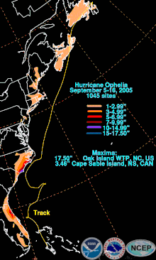 A map of the Eastern United States and Atlantic Canada depicting rainfall accumulations associated with Hurricane Ophelia. Areas of Florida and North Carolina are punctuated with deeper colors, indicating greater rainfall totals.