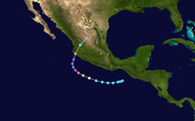 A map plotting the track of Hurricane Patricia along the Pacific coast of Mexico