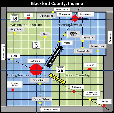 Map of Blackford County showing current and former communities, state highways, and railroads.