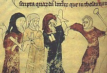 Three bearded men being threatened by an unbearded man with a stick